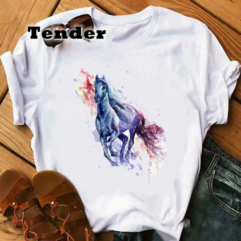 Camiseta de cavalo aquarela feminina, camiseta branca, estética gráfica, manga curta, streetwear grunge, moda feminina, verão, 2022