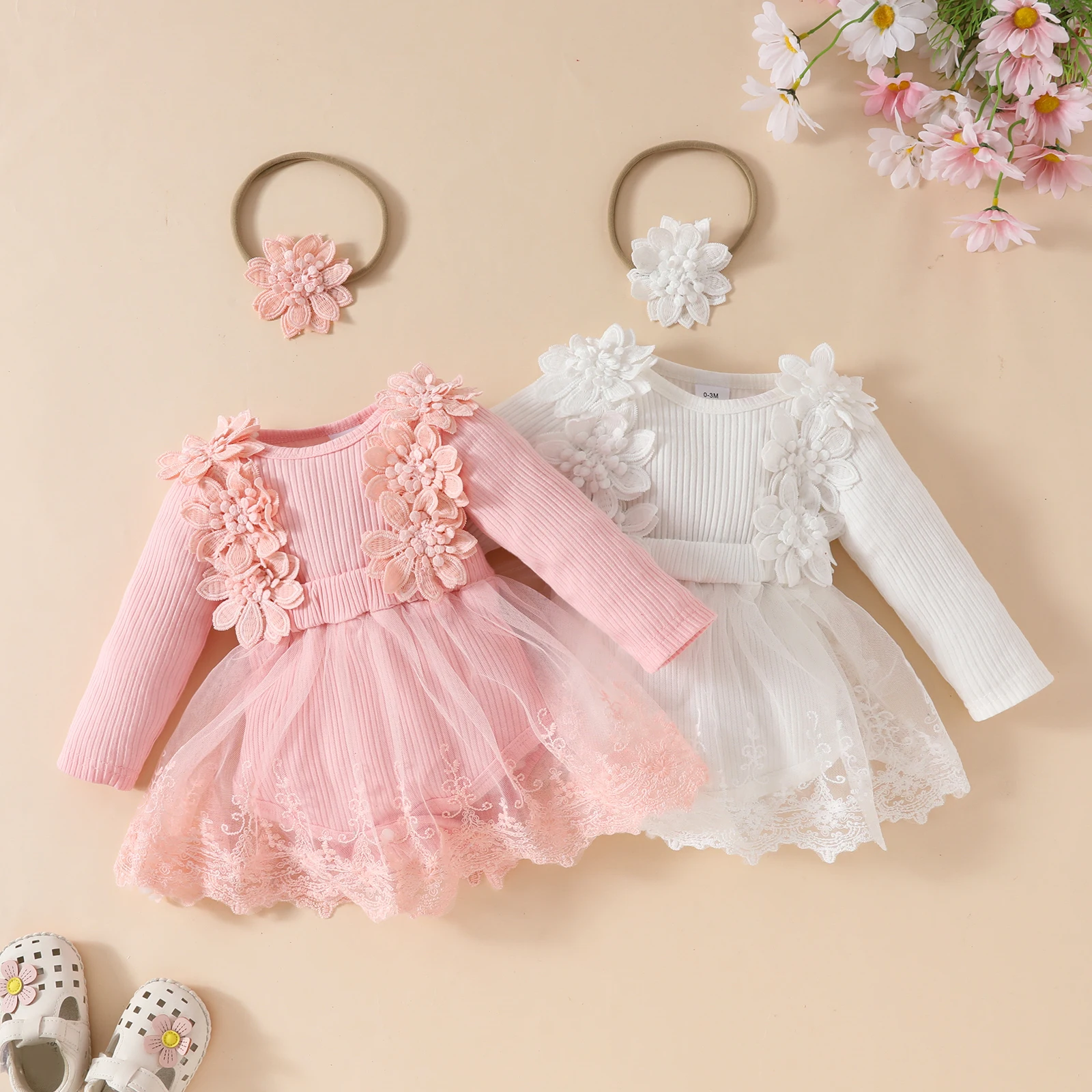 Baby's Lace Flower Embroidered Mesh Dress, Solid Color Lovely Long Sleeve Dress, Infant & Toddler Girl's Clothing For Autumn