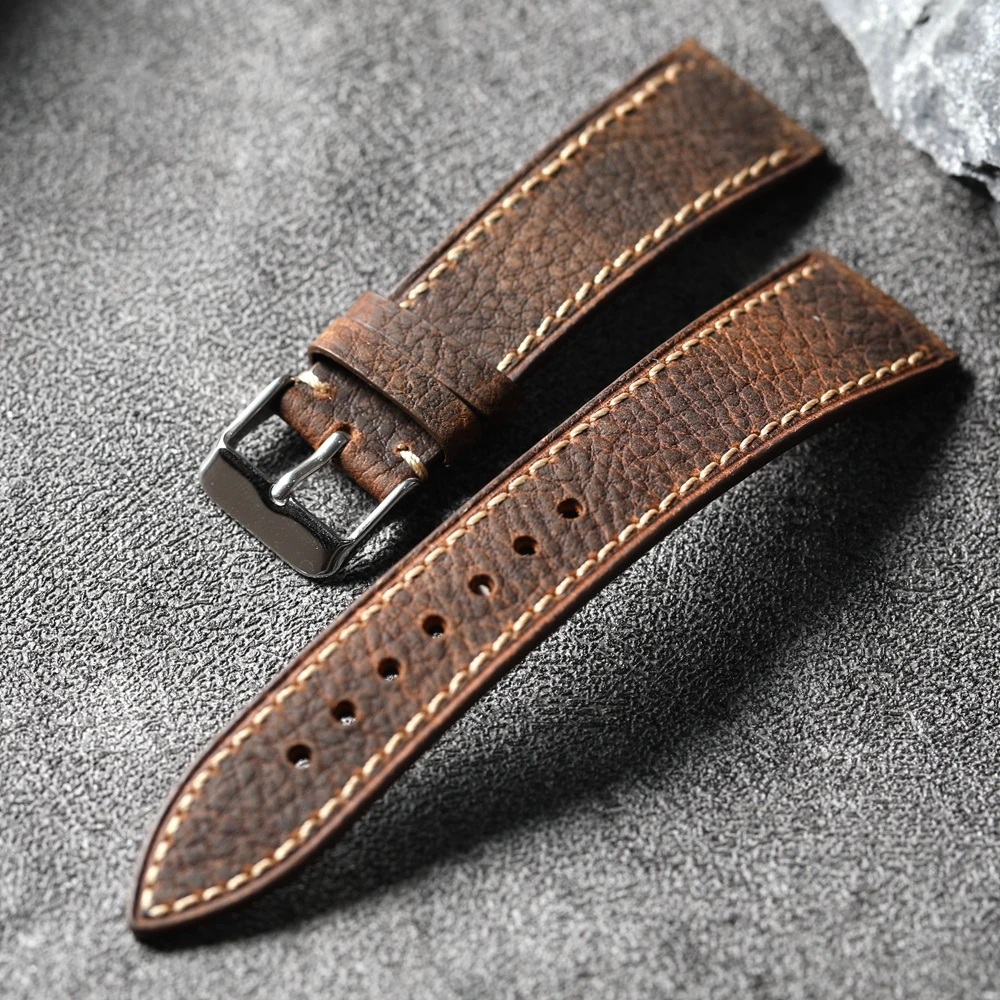 Handmade Soft Genuine Leather Strap 22MM*18MM, Brown Men\'s Vintage Style, Suitable For Antique Watch Bracelets