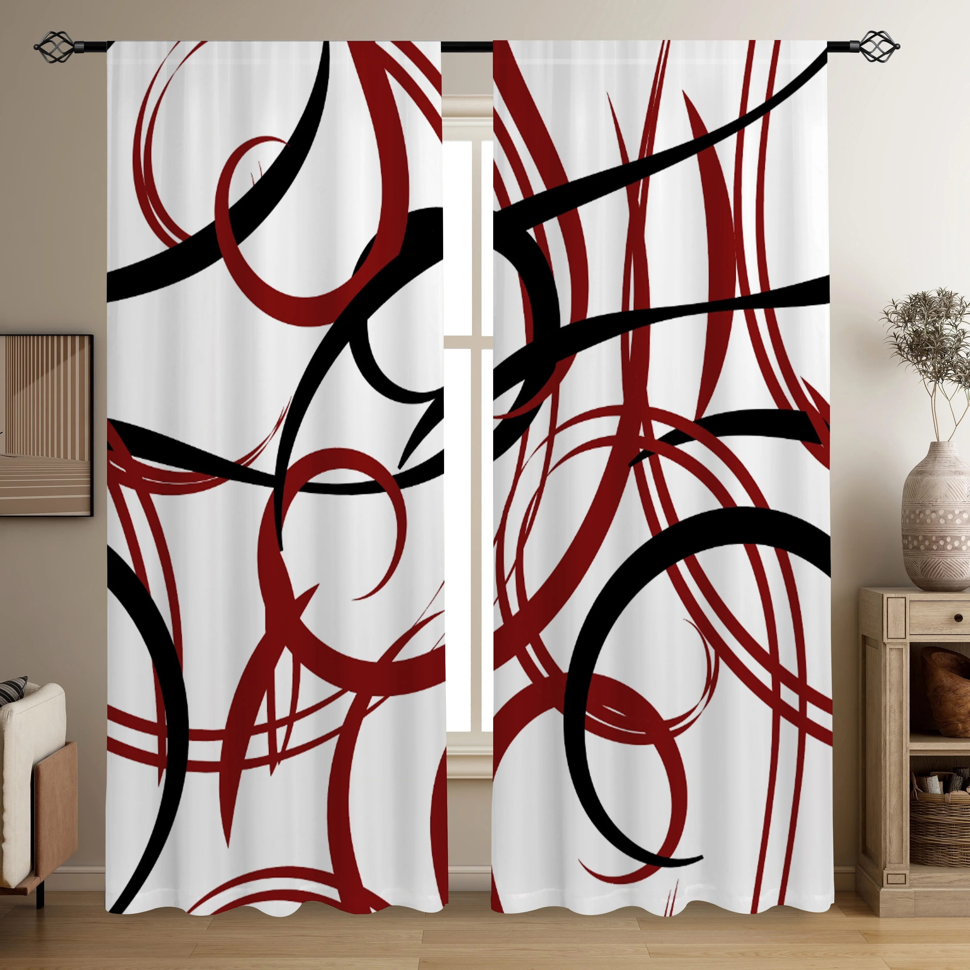 Contemporary Abstract Pattern Curtains Red Black Geometric Lines Stylish Window Panel Decor for Living Room Bedroom Home