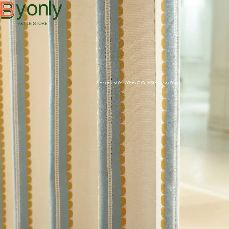 New Cream Ginger Scallop Striped Jacquard Chenille Curtains for Living Room Bedroom Partition Curtain Customization