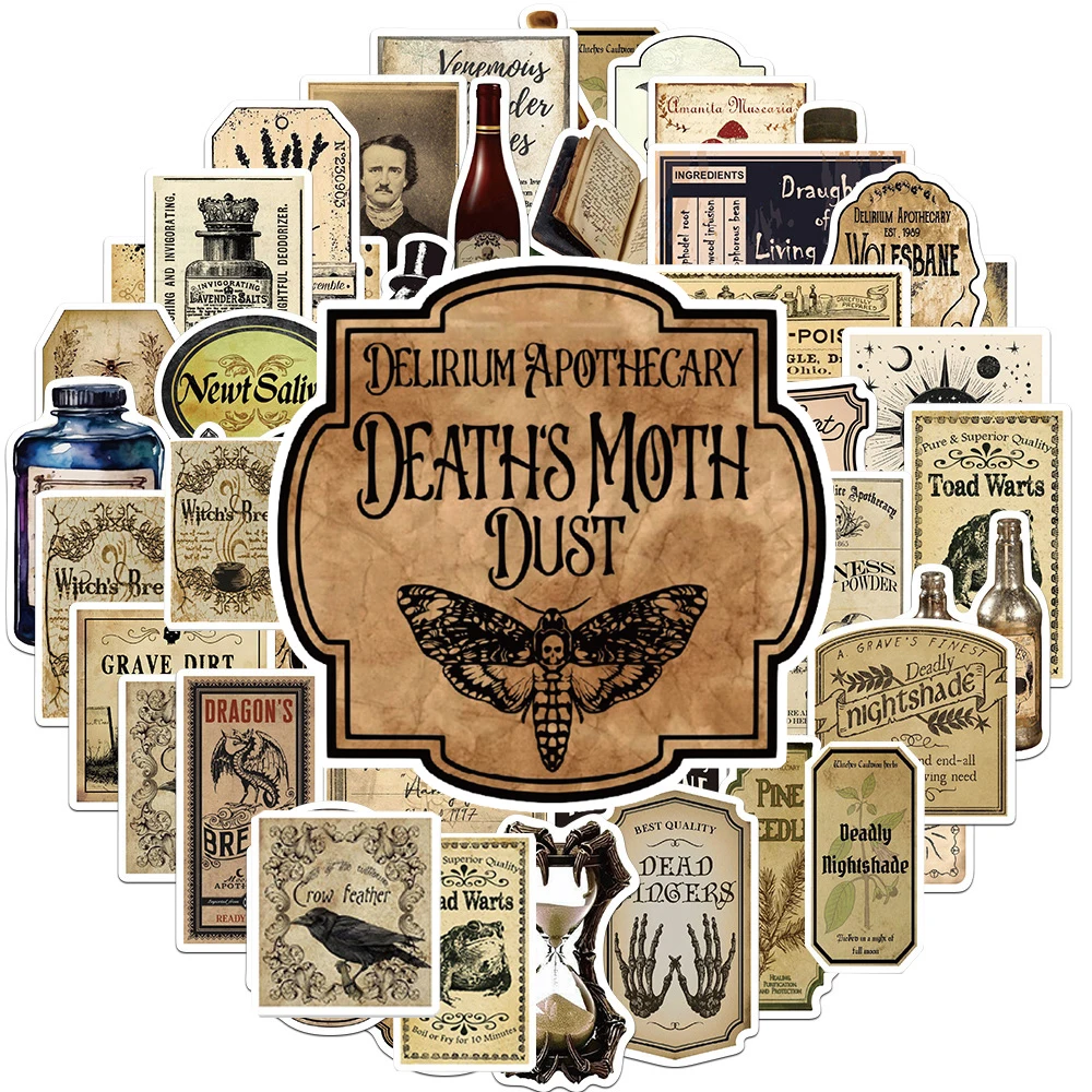 10/30/50pcs Vintage Horror Potion Labels Stickers Retro Gothic Witch Halloween Decals DIY Phone Laptop Luggage Graffiti Sticker