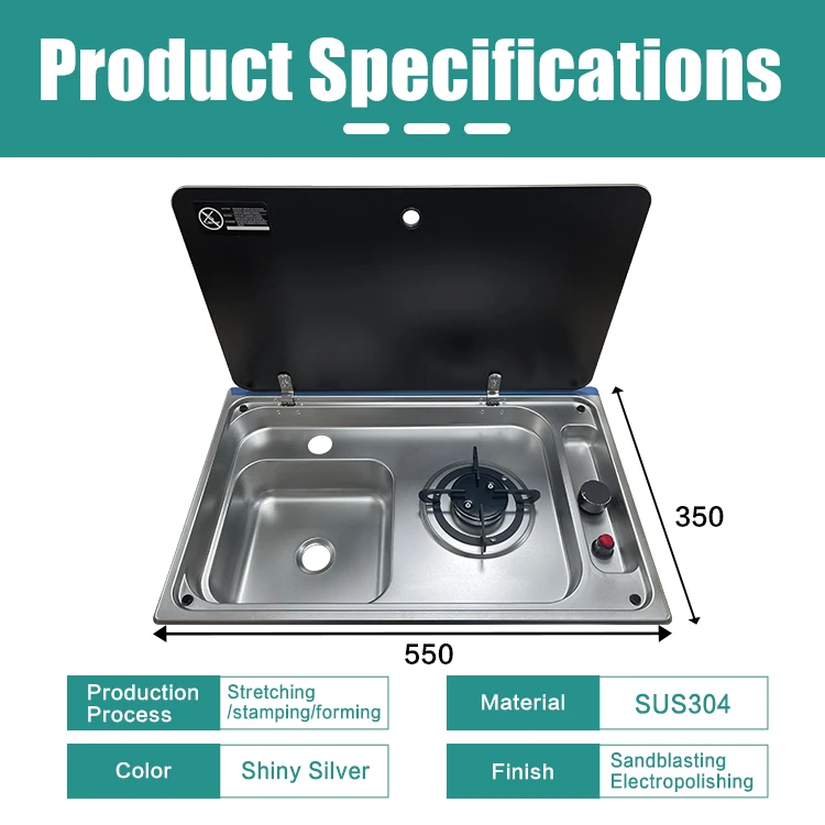 RV Sink Stove Combo Single Burner Cooktop SUS304 Tempered Glass Lid 550x350mm LPG Propane for Caravan Motorhome Camper Boat