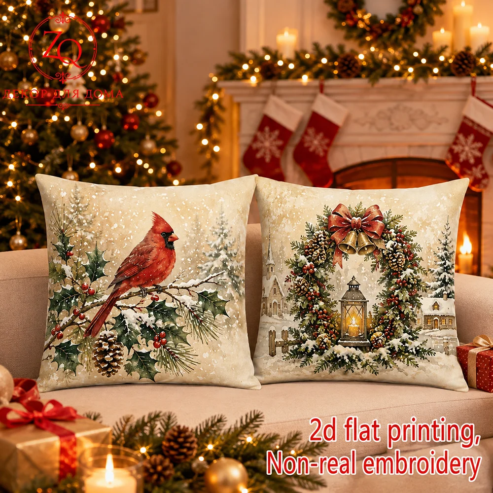 Christmas Cardinal Wreath Throw Pillow Covers  Peach Skin Velvet Winter  Fireplace  Couch Bed Decorative Pillowcases