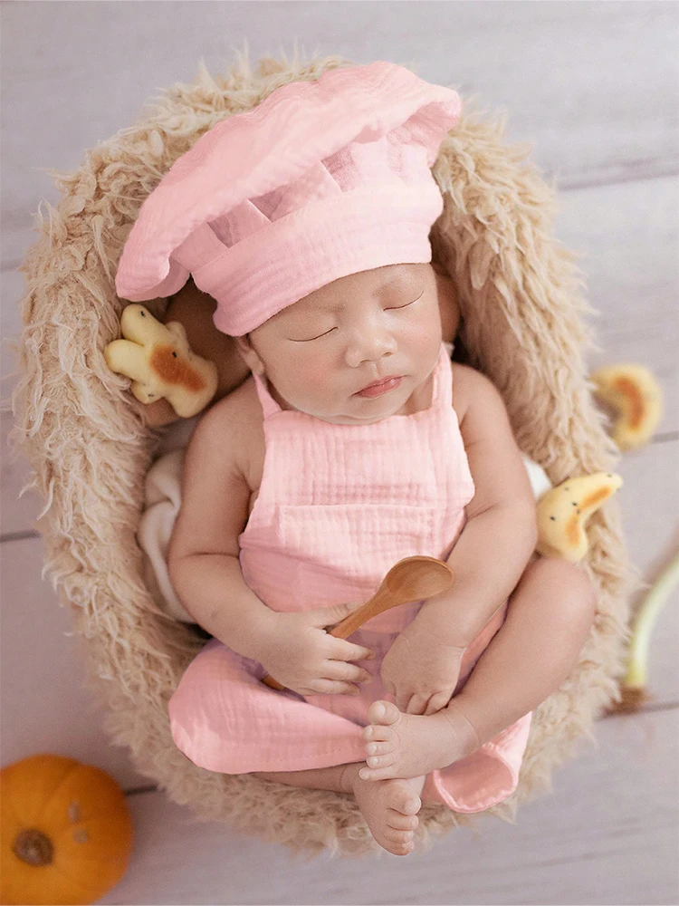 Ylsteed 3 Pieces Set Newborn Chef Hat Set with Wooden Spoon Infant Photography Outfit Photoshoot Props Photo Studio Costume