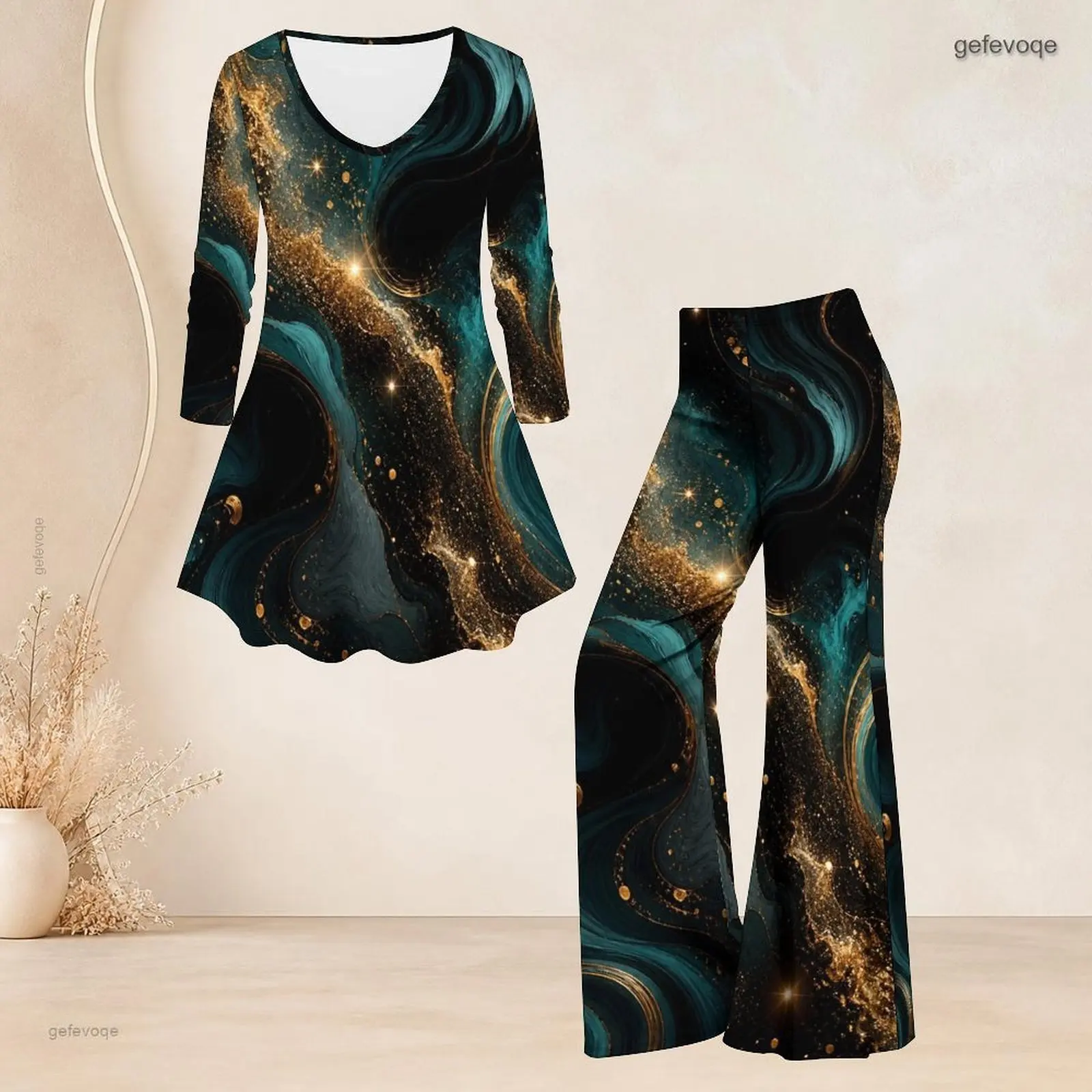 Printed Pants Set for Women Round Neck Three Quarter Sleeve Flared Top Flared Pants Two Piece