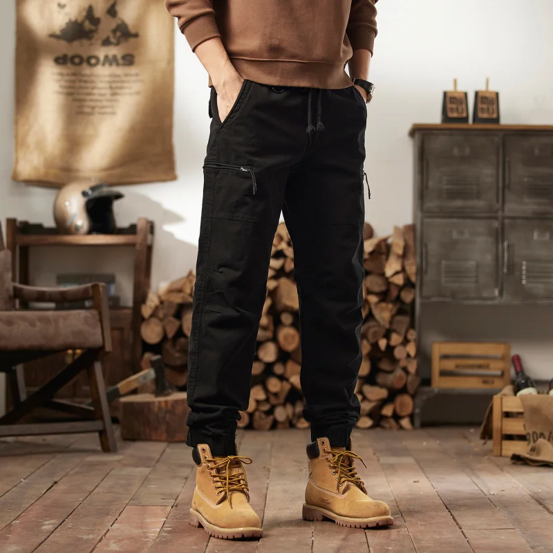 Men's Military Style Pure Cotton Multi-Pocket Leg Binding Pants Wear-Resistant Solid Color Retro Washed Casual Work Trousers