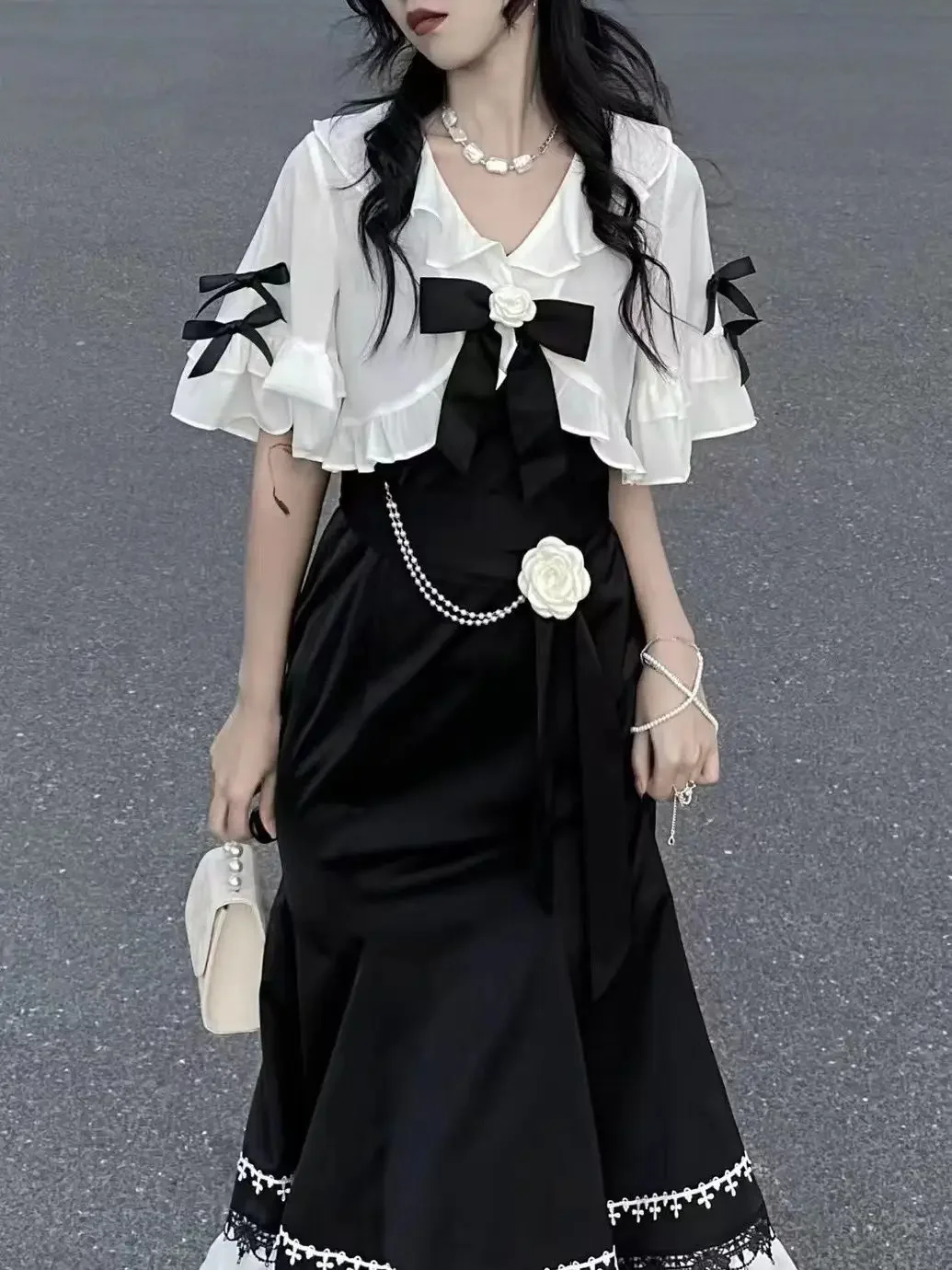 

Новинка 2023 года, летняя кавайная одежда, платье миди в стиле Лолиты, вечернее французское винтажное платье феи, женское кружевное корейское платье из 2 предметов, комплект