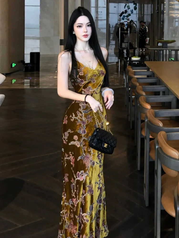 

Autumn Winter Velvet Floral Print Adjustable Strap Dr Women's Vintage High Waist Slim Fit Long Dr Sexy Sle Ciwalk