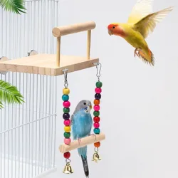 Bird Swing Toy Wooden Parrot Perch Stand Playstand with Chewing Beads Cage Playground for Budgie Birds