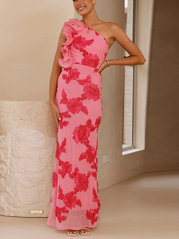 Vestido Largo Elegante Estampado con Hombro Inclinado y Ajuste Delgado para Mujer, Novedad de Moda Verano 2026, con Diseño Envolvente en la Cadera, Ideal para Vacaciones