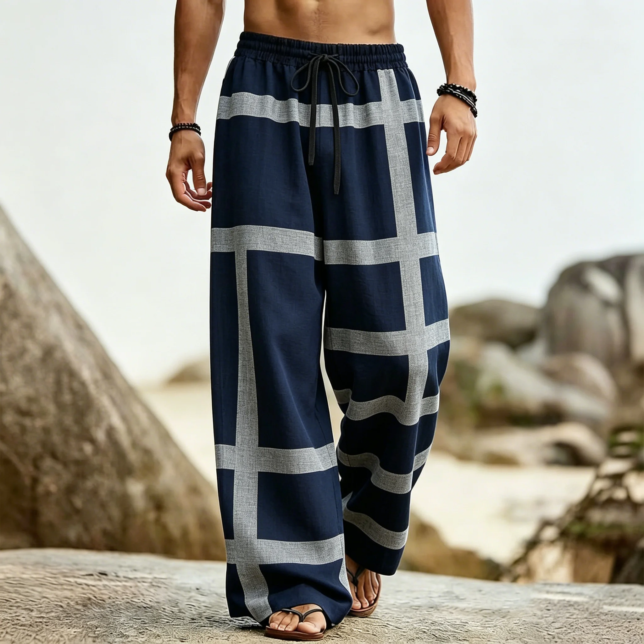 Men's Classic Navy Plaid Print Drawstring Wide Leg Pants