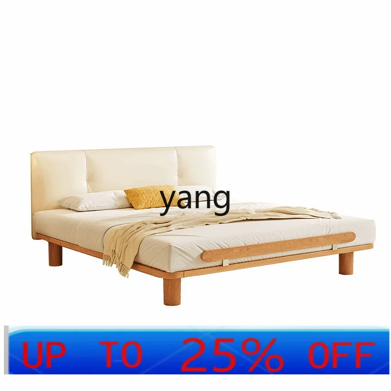 

LMM French cream double flush edge log wind master bedroom household solid wood leather bed