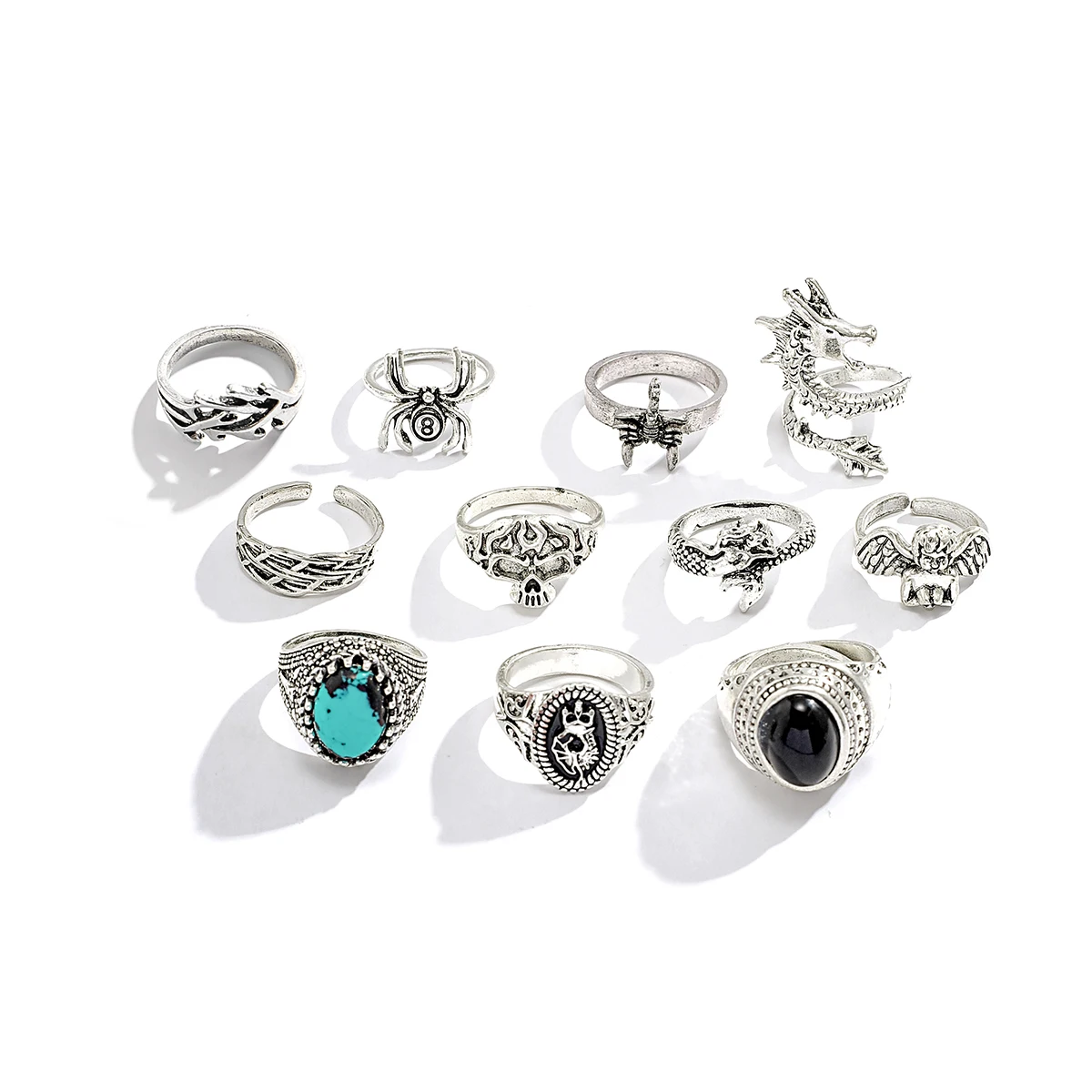 KunJoe 11pcs/set Punk Metal Geometric Irregular Animal Skeleton Rings for Men Vintage Blue Stone Rings Halloween Hiphop Jewelry