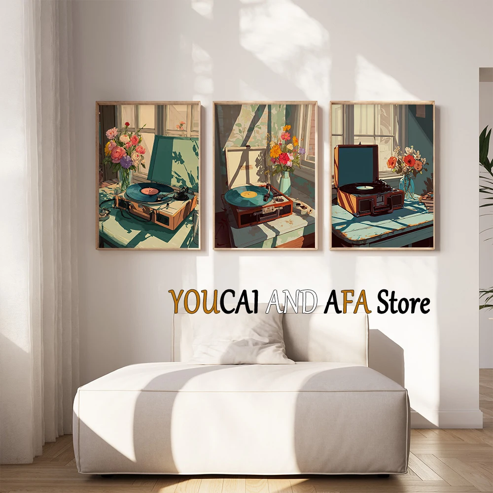 Vintage Record Player Art Retro Turntable Illustration Record Player on Table Music Room Poster Canvas Painting Wall Art Decor
