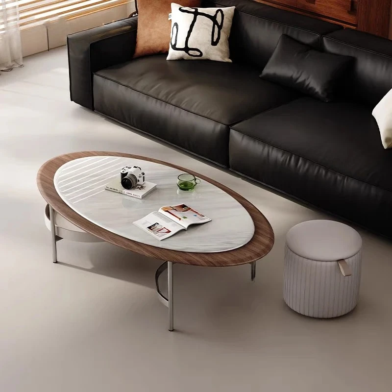 Vintage High-Quality Hardware Frame Living Room Wooden Texture Is Paired With a Micro - Crystal Stone Tabletop Oval Coffee Table