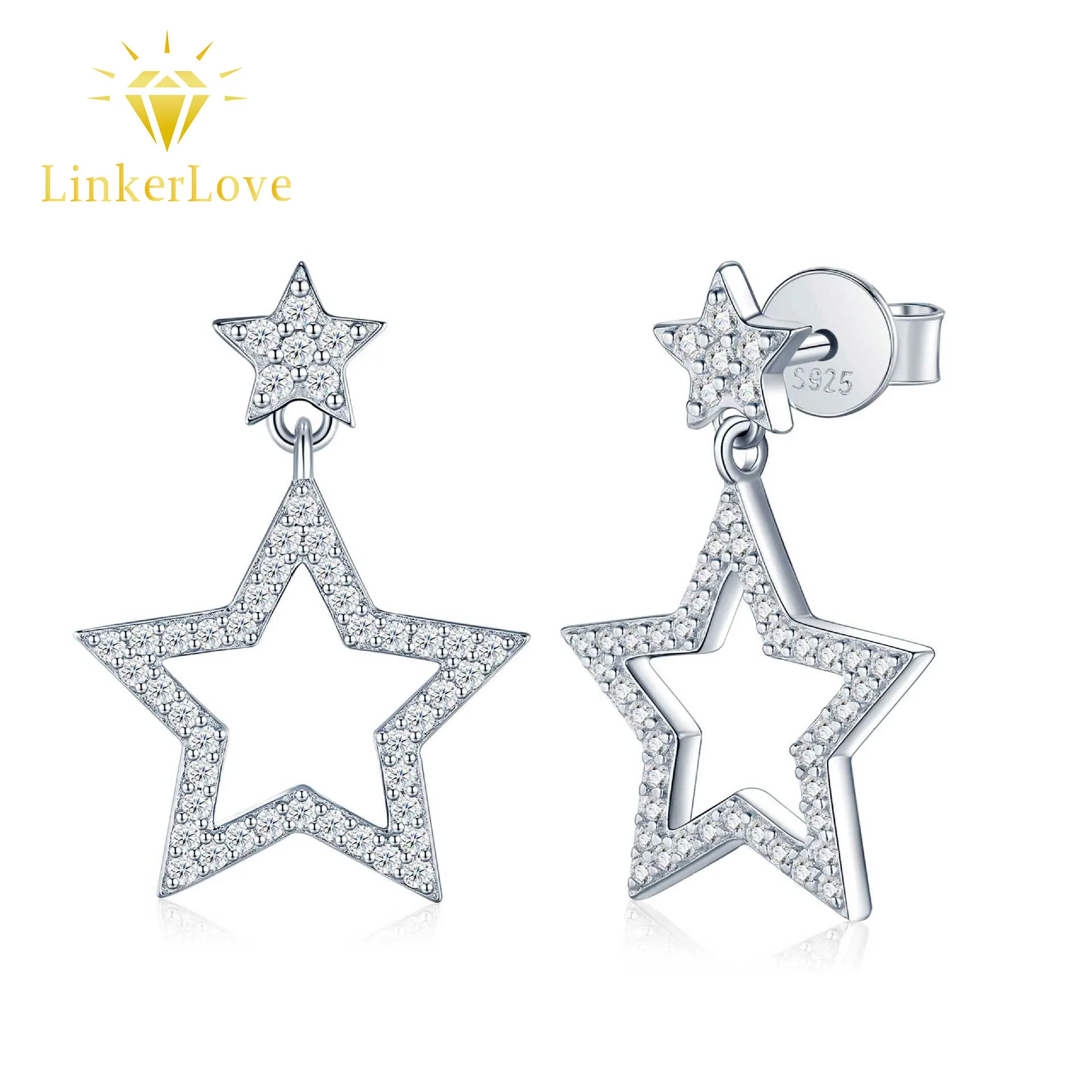 LinkerLove S925 Sterling Silver Star Dangle Earrings for Women Moissanite Drop Earrings Hypoallergenic Fine Jewelry Gift for Her