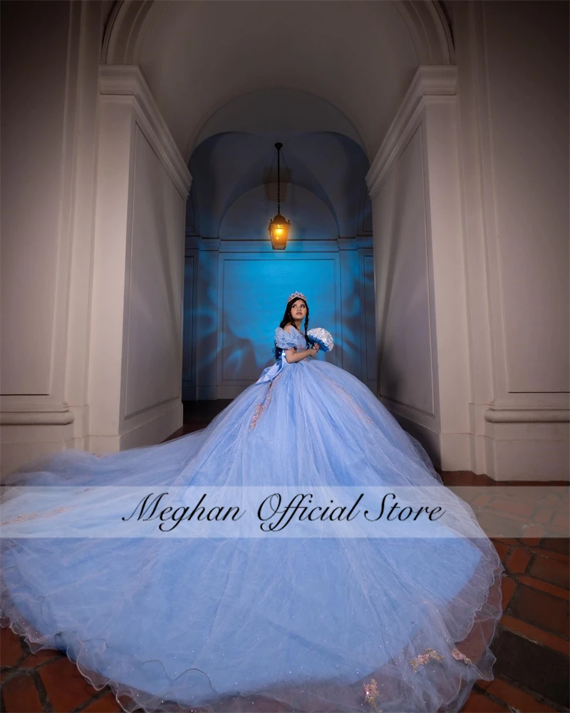 Sky Blue Sweetheart Quinceanera Dress 2025 Beaded Prom Dress Ball Gown Appliques Puffy Ruffles Luxury Sweet 16 15 Customized