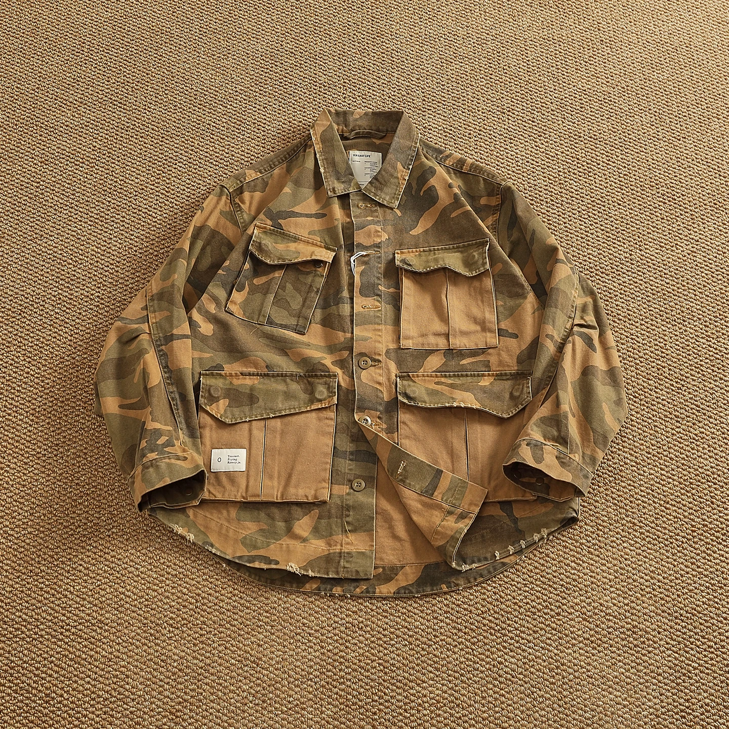 Autumn new high street heavy trendy rotator sleeve jacket men's grain pattern woven loose work camouflage top