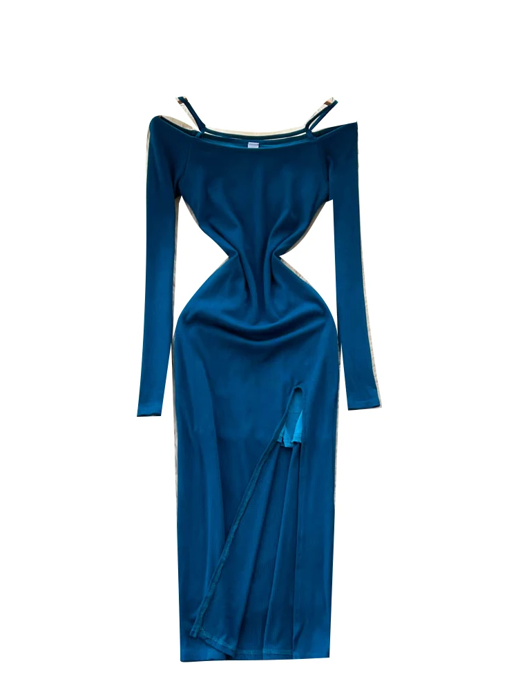 엘리 커뮤트 슬레 롱 스웨 원숄더 드 여성용 슬림핏 홀로우 아웃 슬릿 랩 어라운드 롱 스커트 시 커뮤트