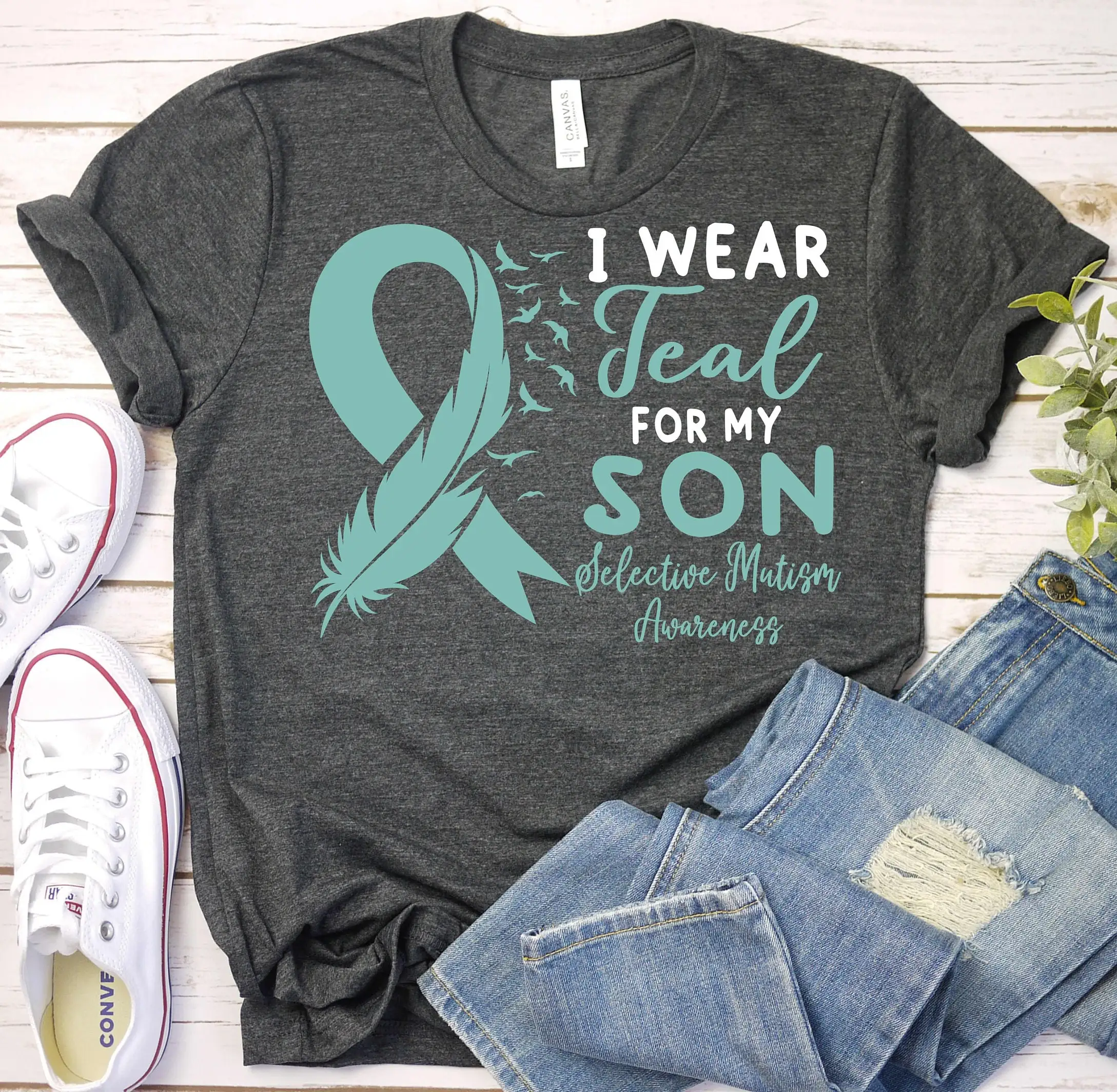 Selective Mutism Awareness T Shirt Teal Ribbon Mother Support Son