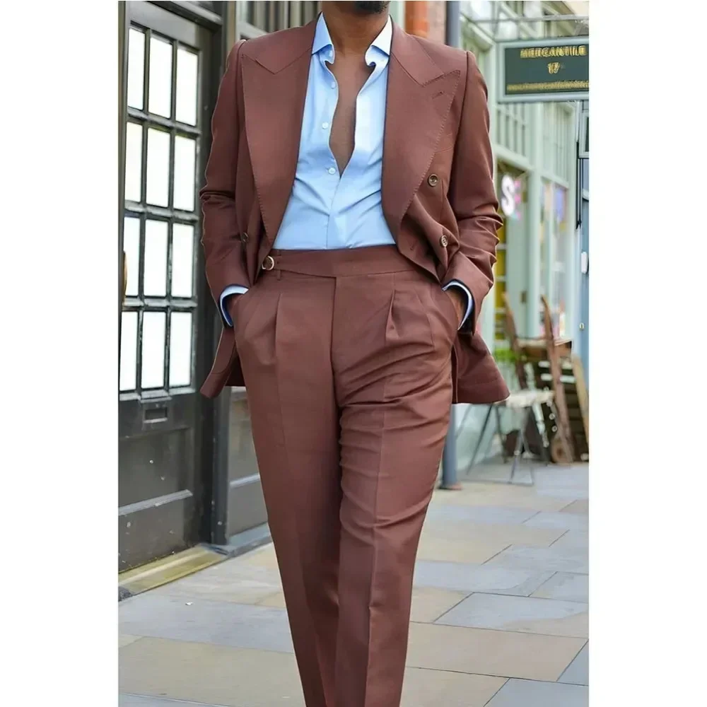 Men Suits Smart Casual Peak Lapel Double Breasted Slim Fit Blazer Pants High Quality 2 Piece Wedding Party Costume Homme