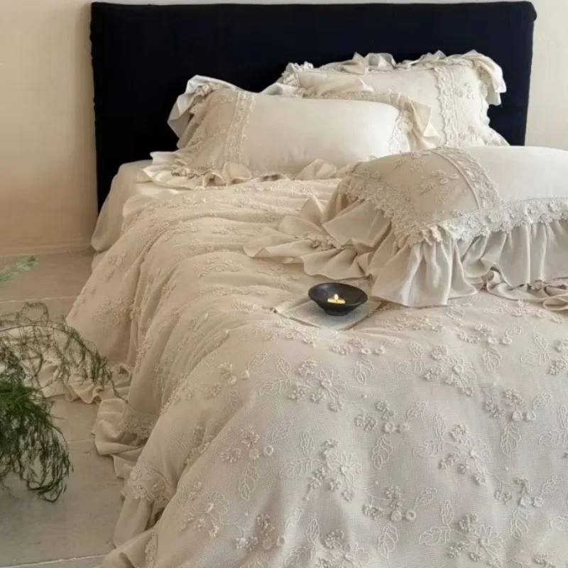 French Romantic Embroidery Lace Four-piece Set Cotton Pure Cotton Lotus Leaf Edge Quilt Cover Premium Bedding