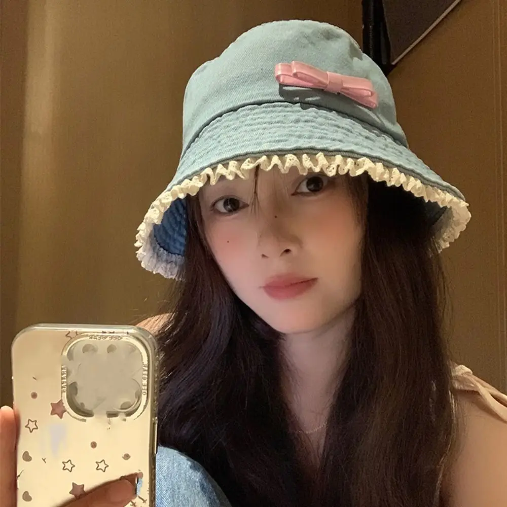 

Retro Big Brimmed Denim Bucket Hat Bow Tie Y2K Lace Fisherman Hat Visor Sunscreen Bow Sunscreen Hat Travel