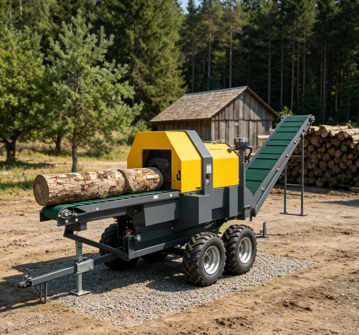 Heavy Duty 45T Hydraulic Log Splitter Machine Trailer Mounted with Conveyor Belt for Farm Forestry Processing