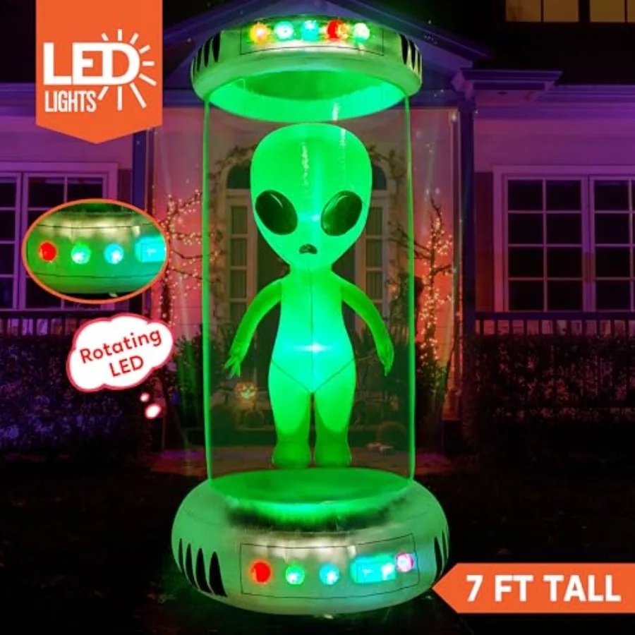 7 ft Tall Halloween Inflatable Outdoor Decoration: Alien with Animated LEDs, Green PVC, for Yard Garden Lawn Decor