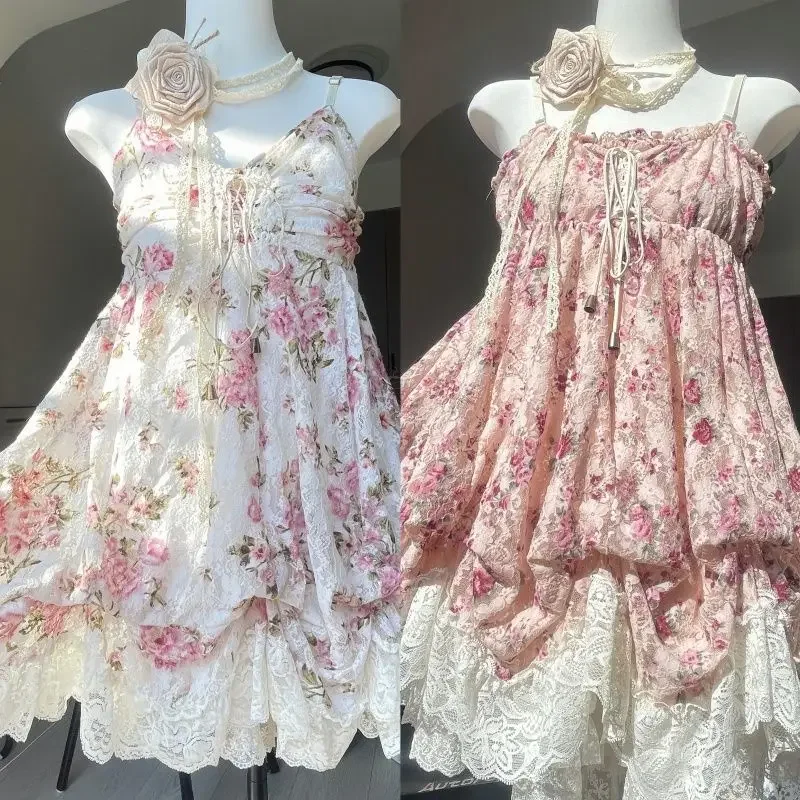 

Kawaii Y2k Min Woman Sweet Dress Lolita Cute Sleeveless Floral Dress Spicy Girls Lace Up Ruffle Slim Fit Dresses Design Chic