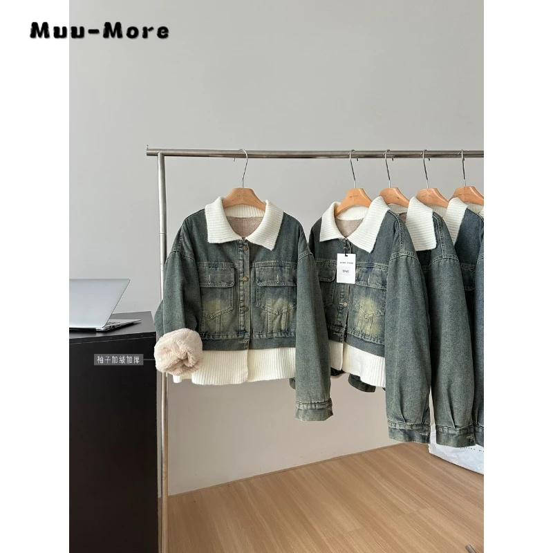 Women's Fashion Single Breasted Y2K Loose Jean Coat 2023 Winter Korean Casual Turn Down Collar Baggy Blue Fleece Denim Jacket