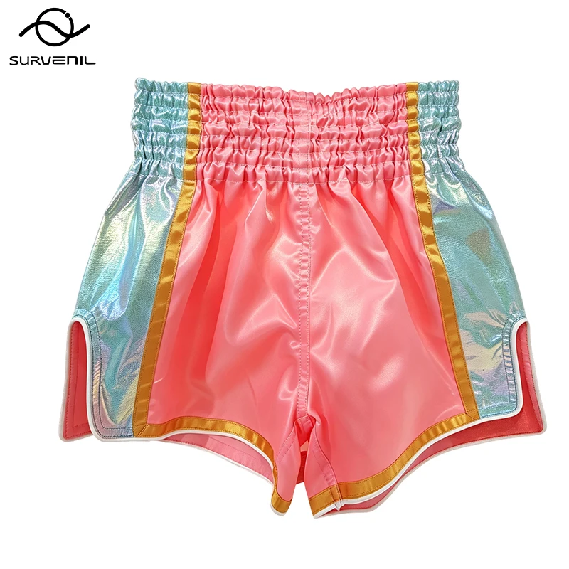 Muay Thai Shorts Satin Embroidered Boxing Shorts Elastic Waist Fight Shorts for Kickboxing MMA Training Competition Adult Kids