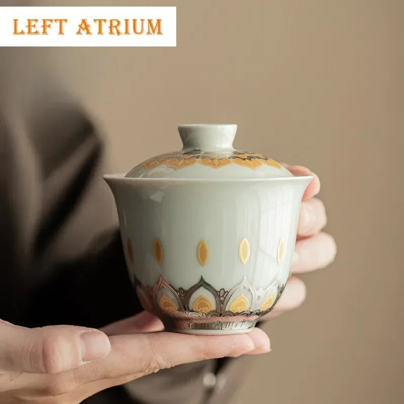 

150ML Grass Grey Gaiwan Zen Thousand Buddhas Ceramic Tureen Household Tea Brewing Cover Bowl Tableware Supplies Ornaments Craft