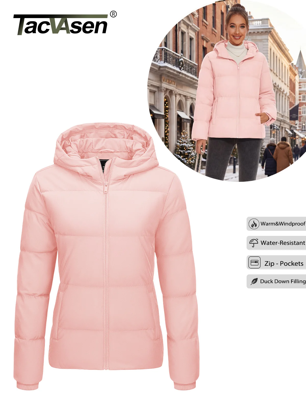 

TACVASEN Womens Puffer Hooded Duck Feather Down Jacket Winter Warm Parka Coat Lightweight Waterproof Quilted Outwear Windbreaker