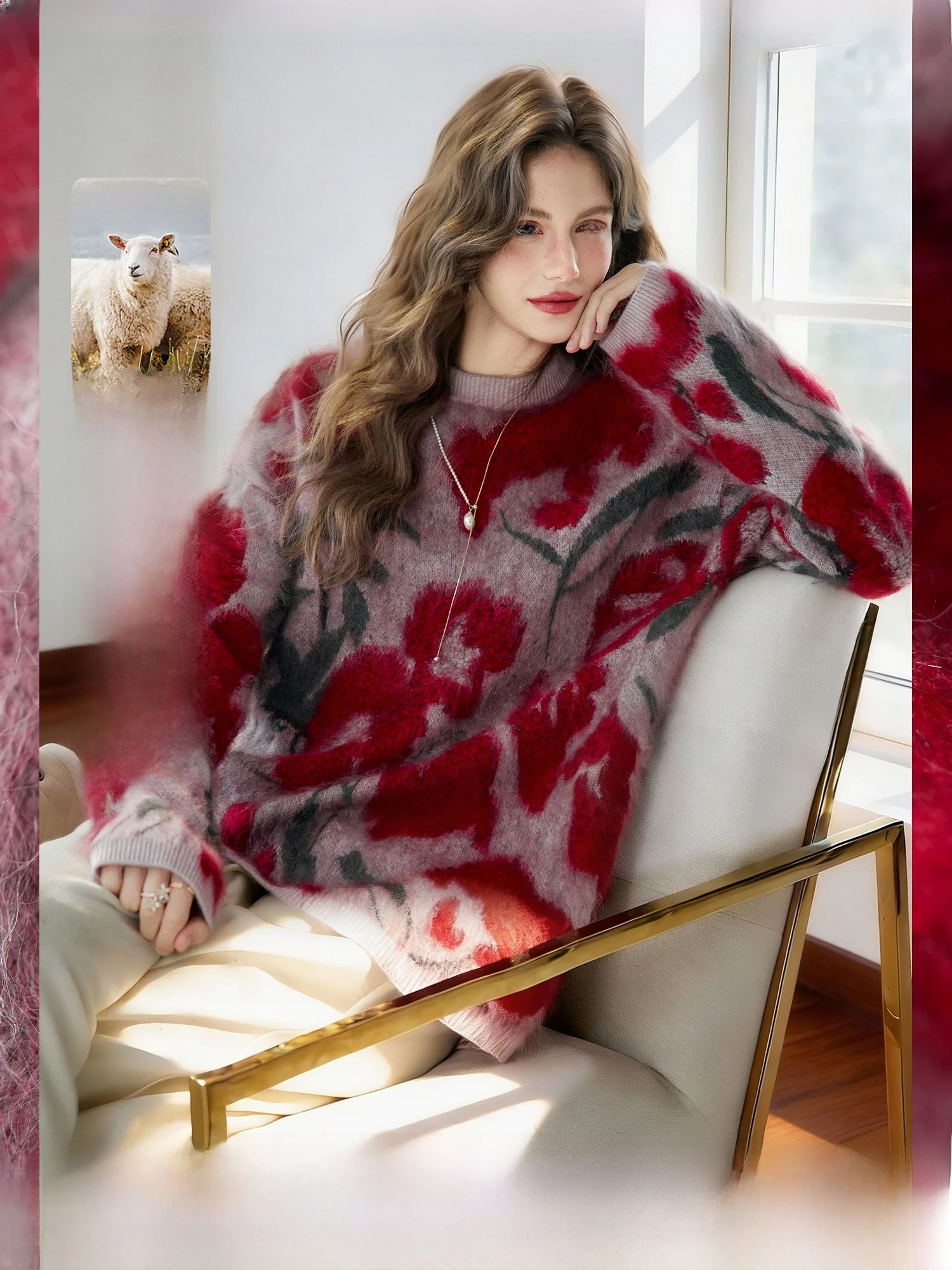 

Women's Knitted Sweater round Neck Long Sleeve Warm Soft Wool Blend Fuzzy Texture Contrast Color Embroidery Casual Style