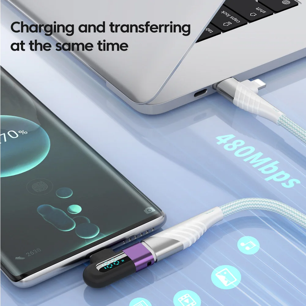 120W Elbow 90 Degree OTG Type C To Type C Adapter Digital Display 6A Fast Charge Data Transfer USB C To C Connector With Lanyard