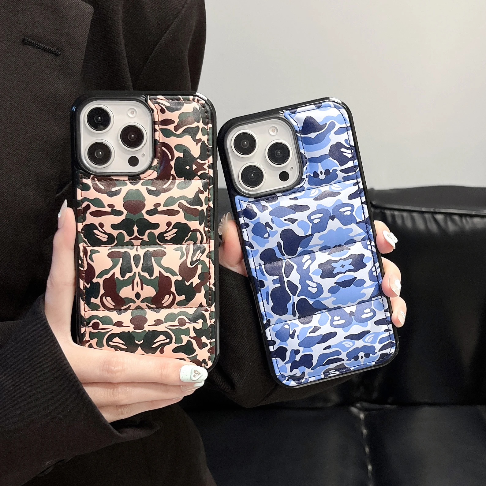 

Leopard print soft down jacket phone case iPhone 14 12 13 15 16 Pro Max Plus fashionable solid-color cotton pad protective case