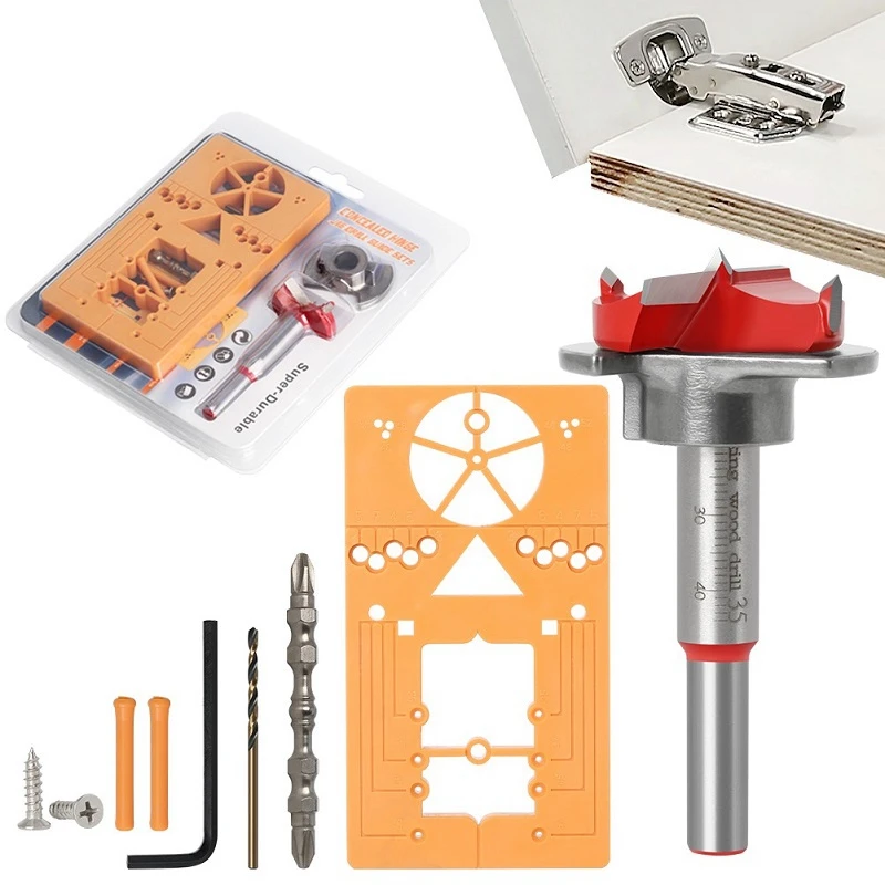 New Drilling Guide Locator Kit 35Mm Adjustable Hinge Hole Hinge Drilling Jig Drill Bits Woodworking Door Hole Opener