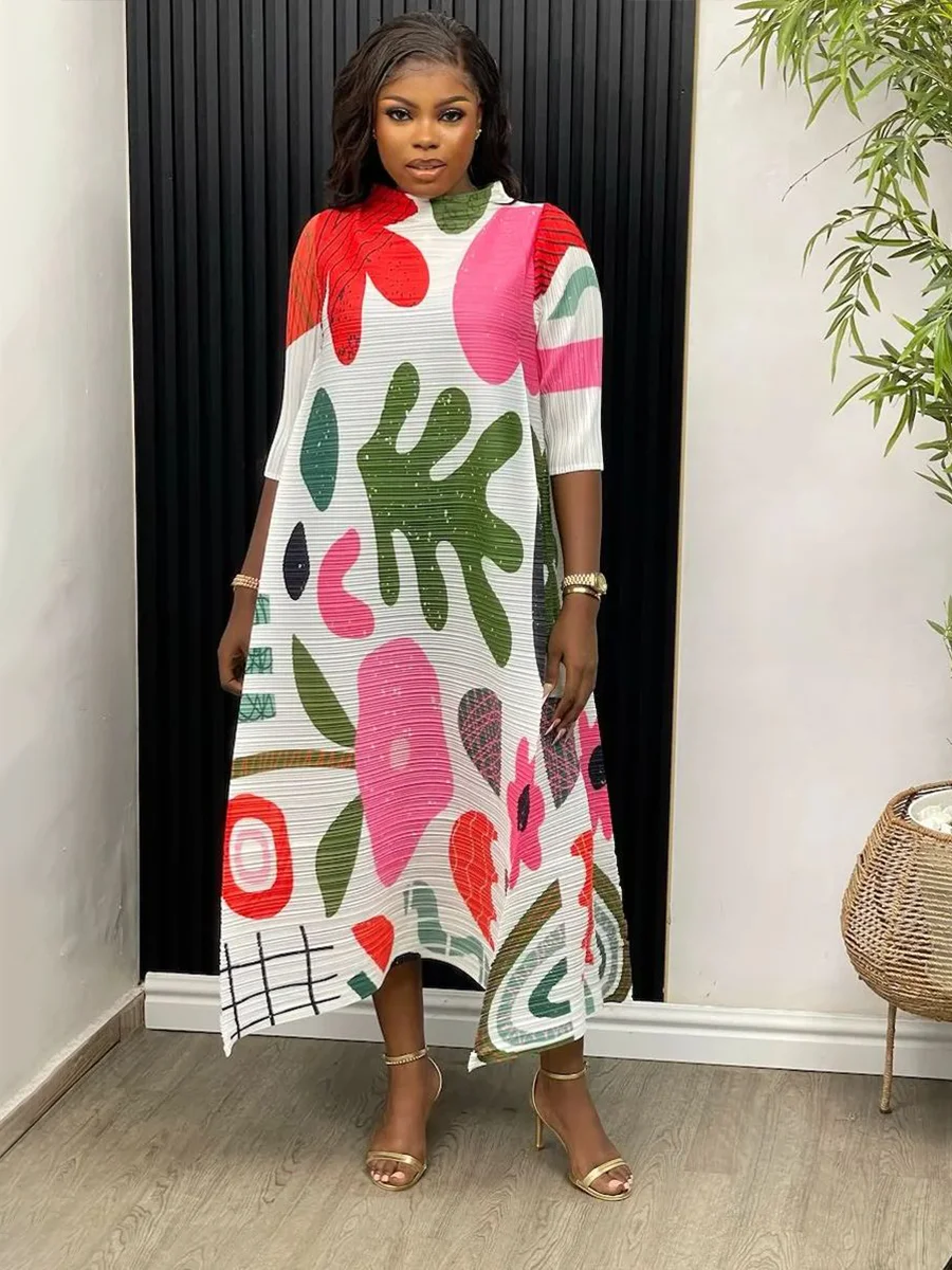 ANLAN Summer New Miyake Pleated Sexi Evening Dress Fashion Printed O-Neck Full Sleeved Wedding Dresses for Women 2024 2AN7093