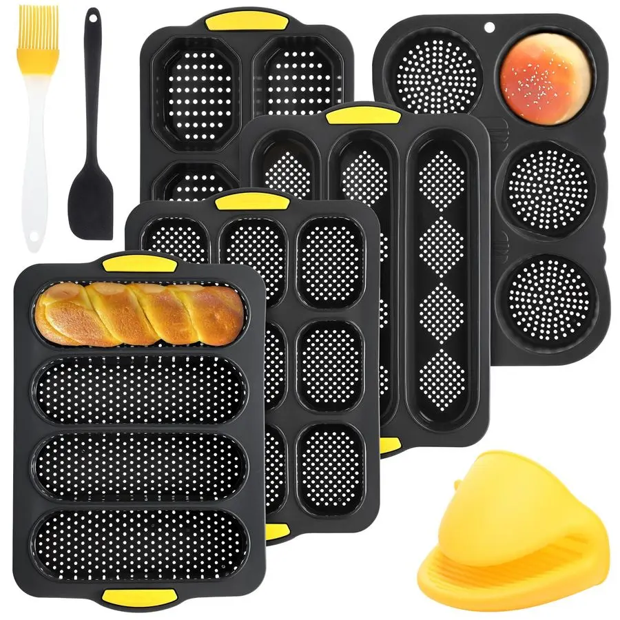 

Набор из 8 силиконовых форм для выпечки багетов и булочек для гамбургеров: 4, 6, 9-секционные формы для французских булочек, 3-секционная антипригарная форма для багетов с инструментом для выпечки