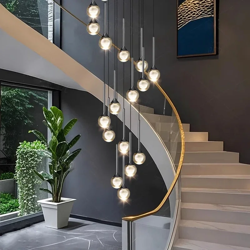 Modern Creative Fashion Circular Glass Ball LED Pendant Light for Stair Living Room Attic Dining Table Chandelier Indoor Fixture