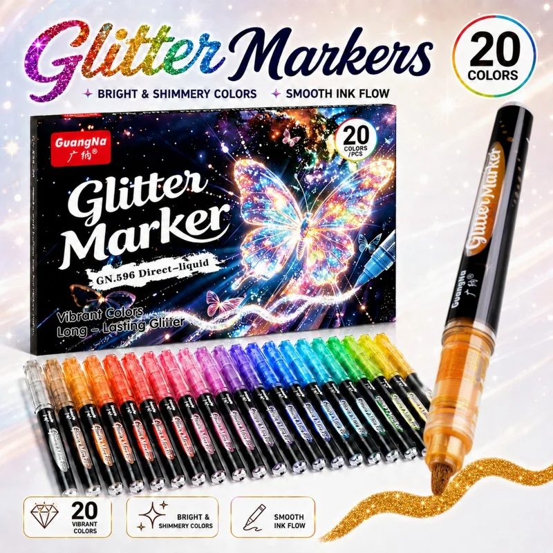 20 Colors Glitter Markers,Direct Liquid Sparkle Paint Pens,Vibrant Shimmer Markers for Rock Painting,Fabric,Cards and Journaling