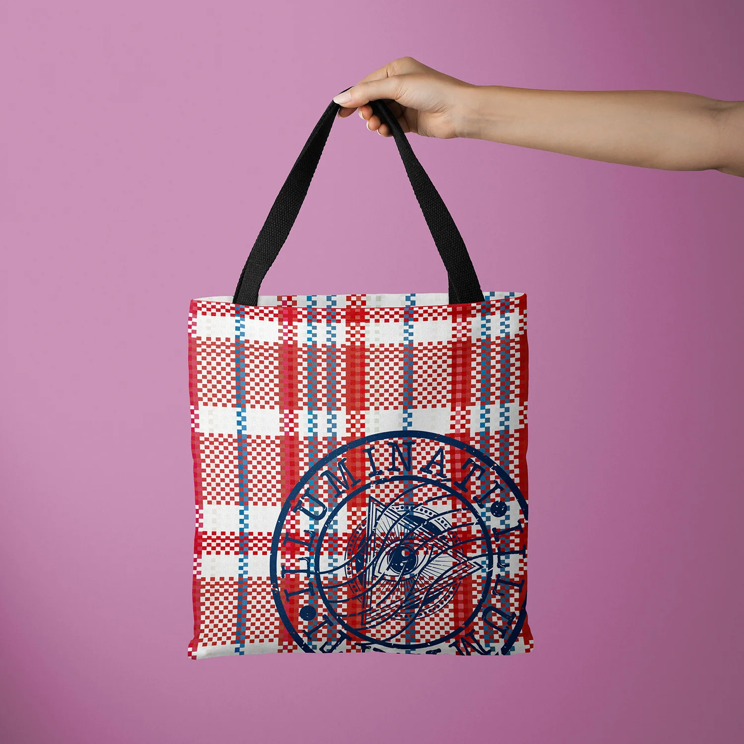 Borsa per la spesa ecologica in tela di poliestere Vintage retrò rosso blu Plaid stile francese stampa sigillo cinturino nero Tote da donna all'ingrosso