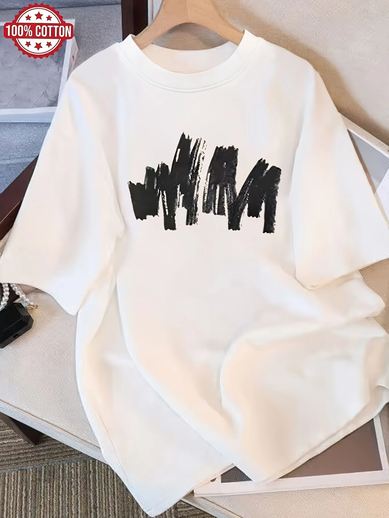 Trendy Summer Abstract M Print Round Neck Women's Clothing, Comfortable and Casual Girl's T-shirt, Energetic Daily Short Sleeved