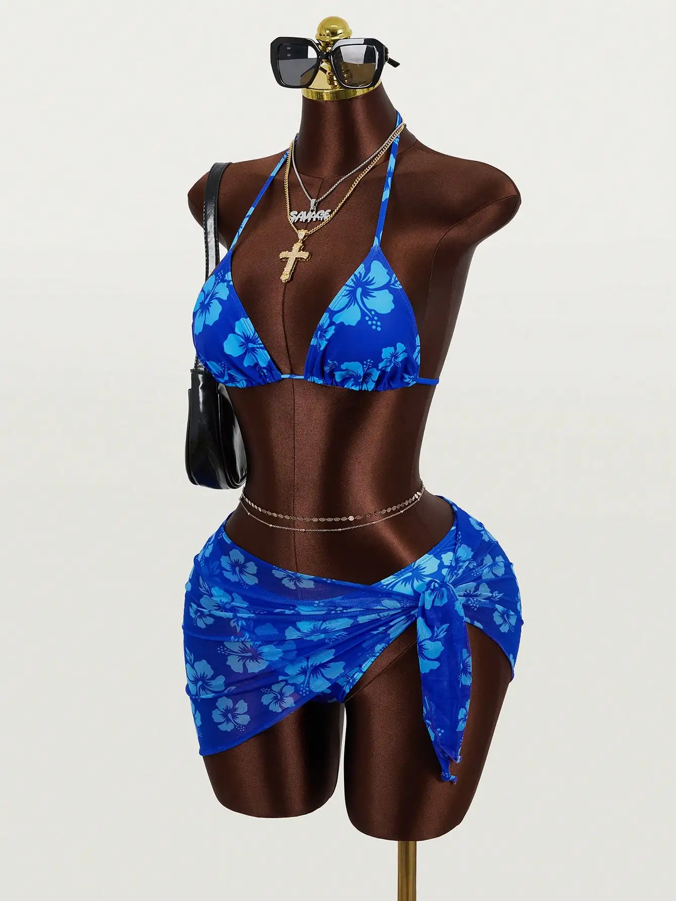 

Women's Blue Floral Print Halter Tie Front Bikini Set With Cover-Up