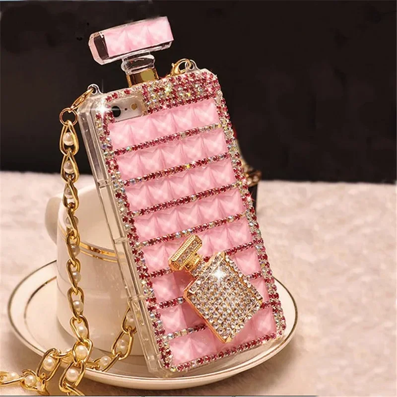 Fashion Bling Crystal Diamond Perfume Bottle Chain Handbag Cover For iPhone 15 14 13 12 16 Pro X XS MAX XR Plus Phone Case