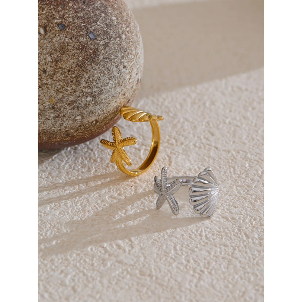 Yhpup Ocean Style Stainless Steel Metal Shell Starfish Adjustable Summer Ring for Women Beach Charm Finger Jewelry High Quality