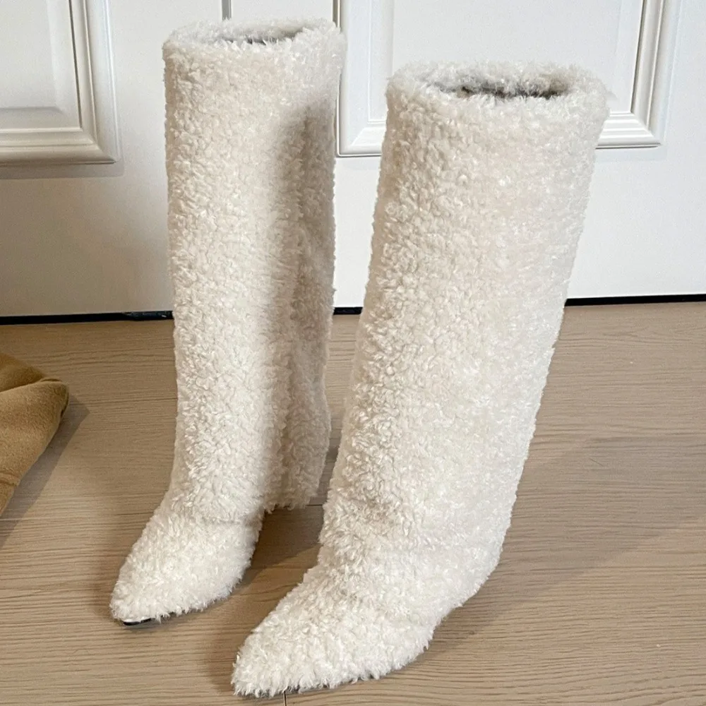 

Long Women Boots Pointed High Heeled Boots Women's Autumn and Winter High Heeled Slope Heeled Velvet Warm Snow Cotton Boots