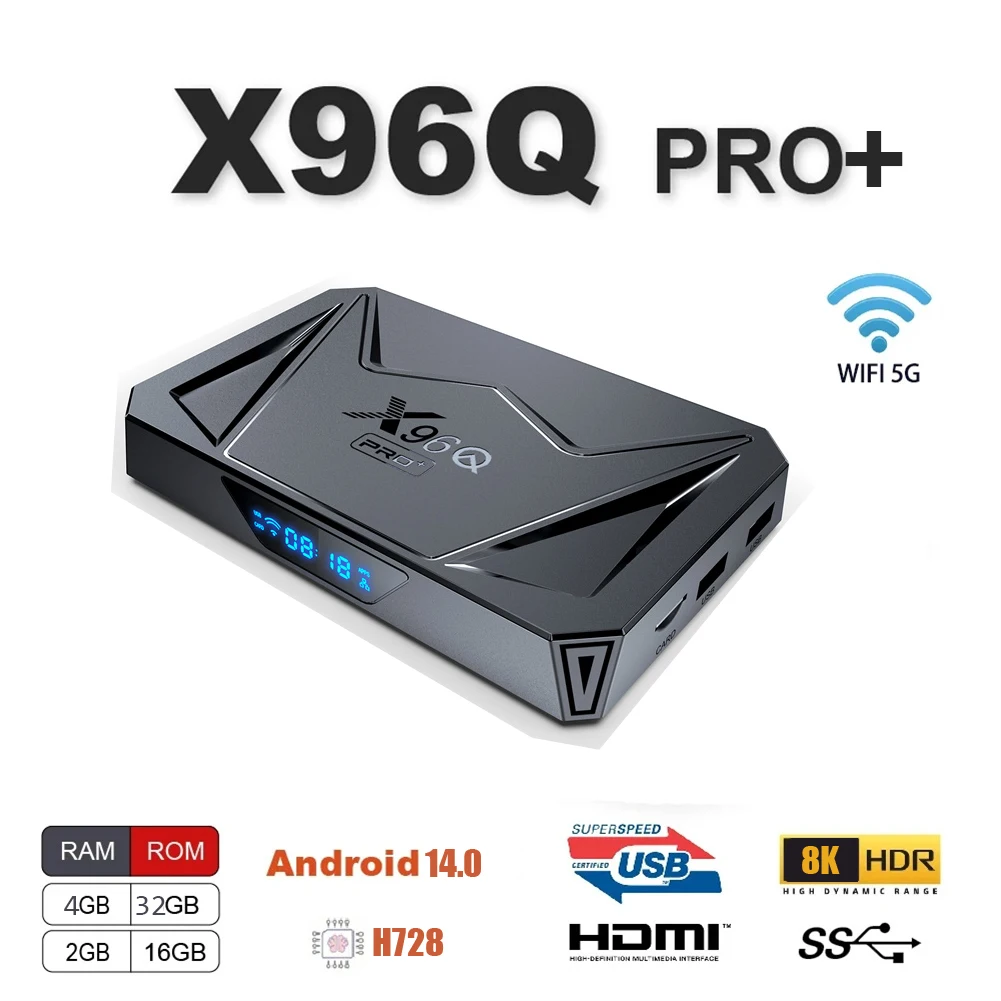 

ТВ-приставка X96Q PRO +, совместимая с Android 14, 3D, двухдиапазонный, 2,4 ГГц/телефон, Wi-Fi, Восьмиядерный, HD, потоковый Проигрыватель Smart TV